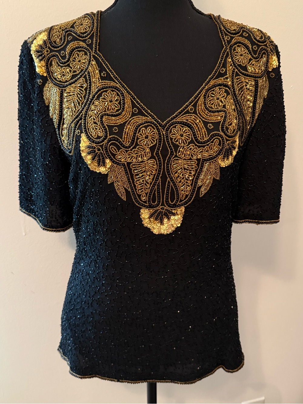Vintage 80s/ 90s Stenay Black Short-Sleeve Top with Gold Beaded Yoke